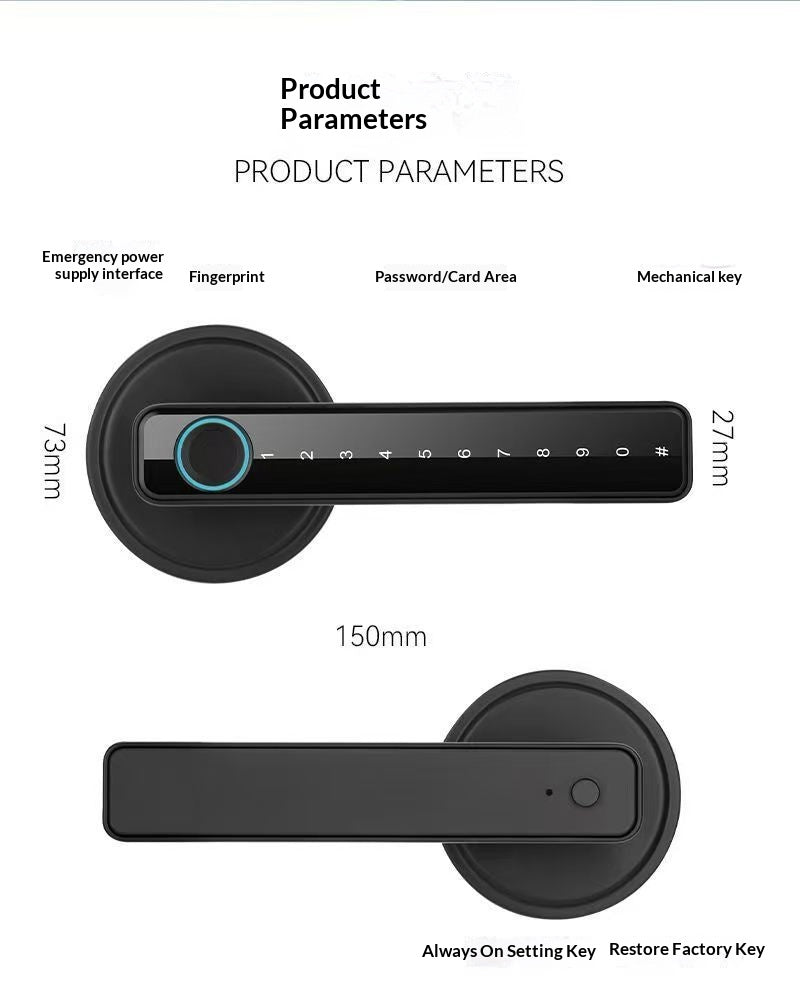Product parameters diagram for a black smart door lock handle, showing front and back views with measurements labeled 73mm, 27mm, 150mm, and text for emergency power supply interface, fingerprint, password/card area, mechanical key, and setting key instructions.
