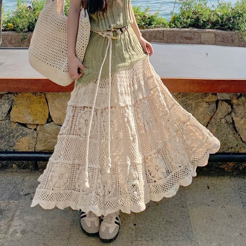 Retro Vacation Style Crocheted Hollow Beige Maxi Skirt - EX-STOCK Canada