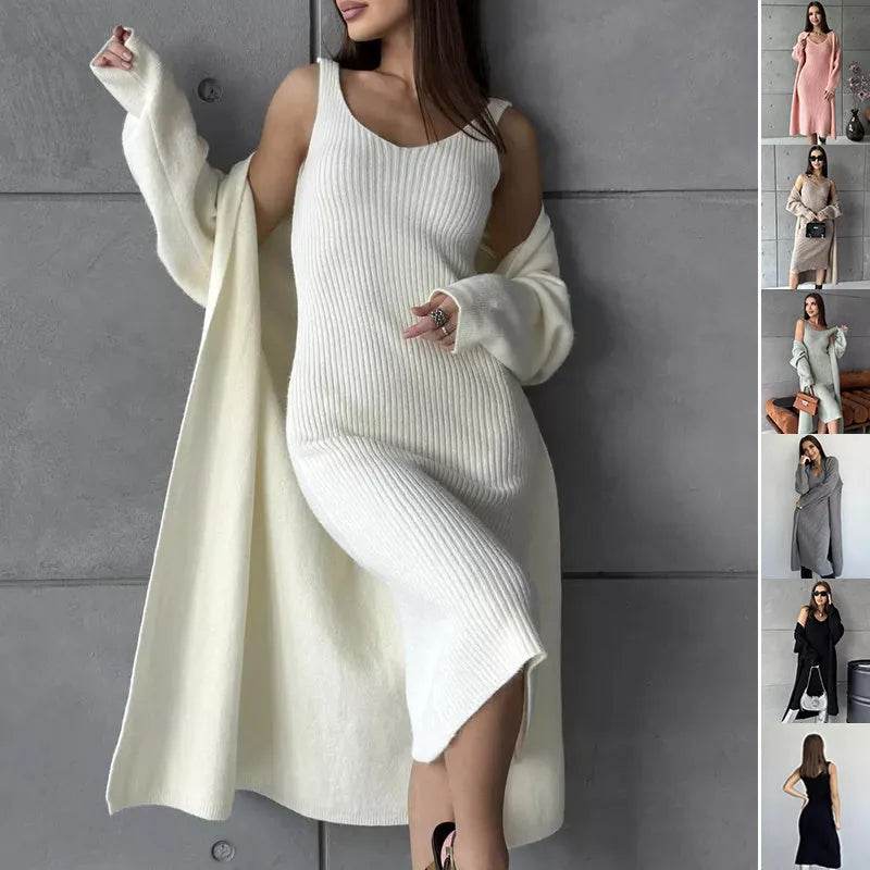Women 2pcs Winter outfit set Long dress Cashmere Long Cardigan Jacket - EX-STOCK Canada