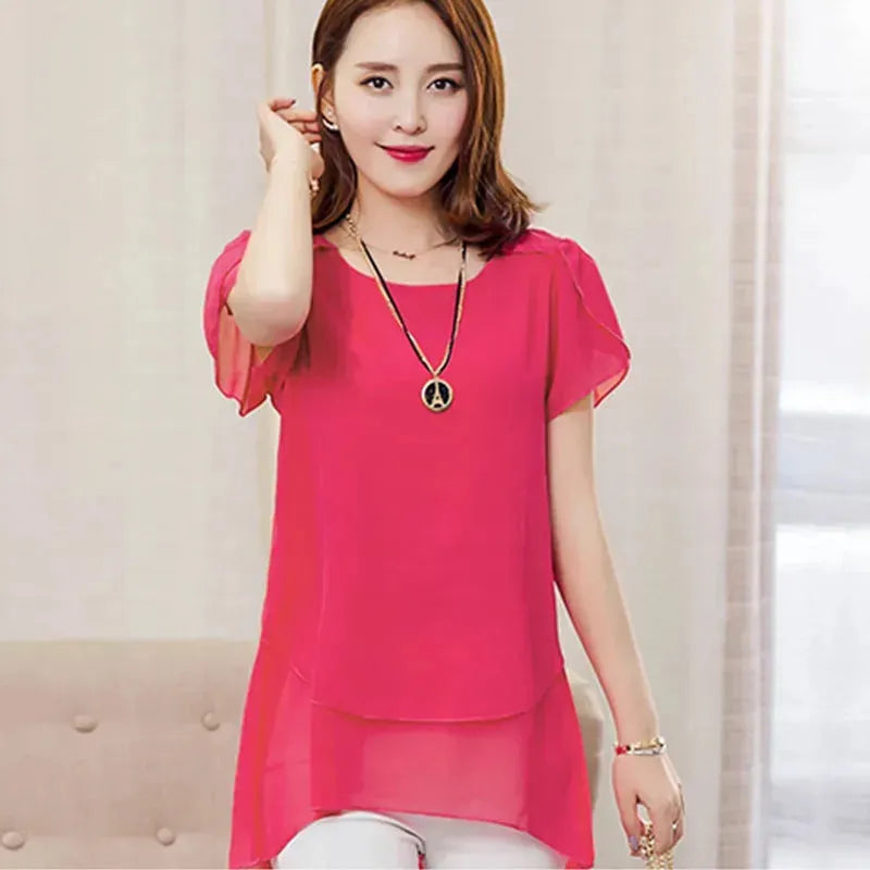 New Spring Summer Women Chiffon Loose Blouse top O-Neck Short sleeve Plus size - EX-STOCK CANADA