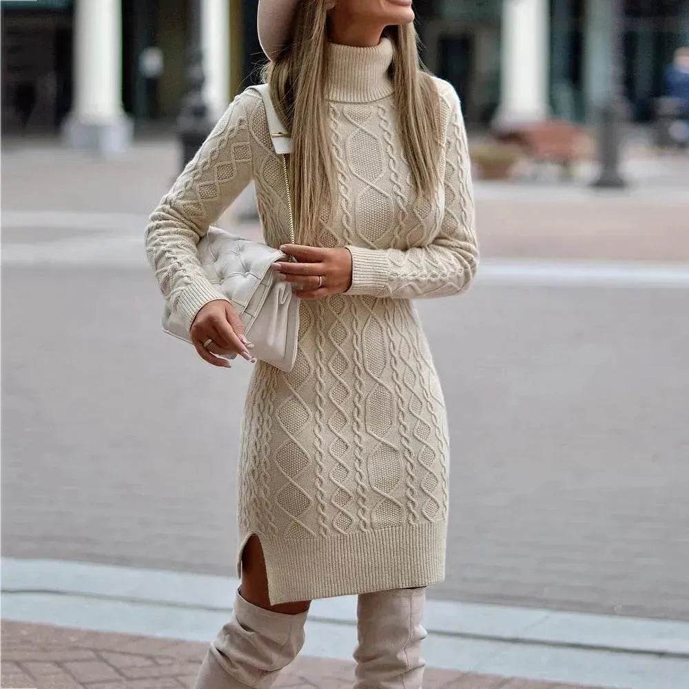 Autumn Winter Mini Slim fit Twist thick knitted Turtleneck sweater dress - EX-STOCK Canada