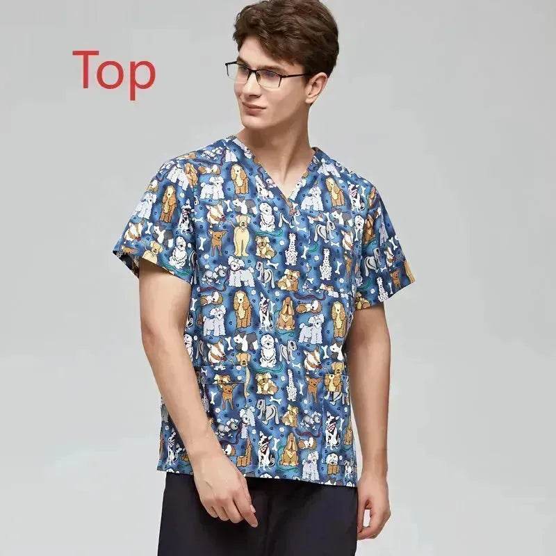 Surgical Gown Printed V-neck Pet Doctor Beauty Hospital Work Clothes Flower Dog Blue - EX-STOCK Canada