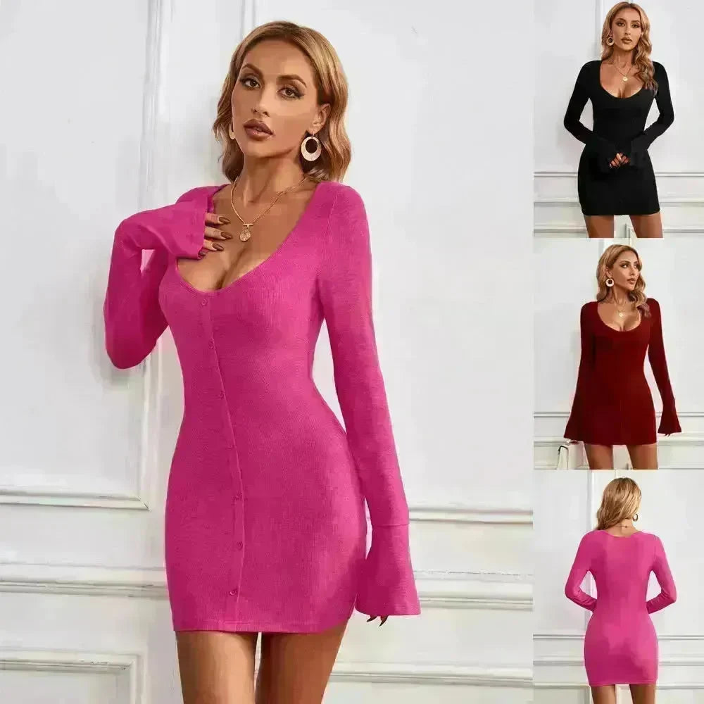Chic Ladies Bodycon U-neck Long-sleeved Dress Charming Slim Hip-hugging Short Mini Dresses for Women - EX-STOCK CANADA