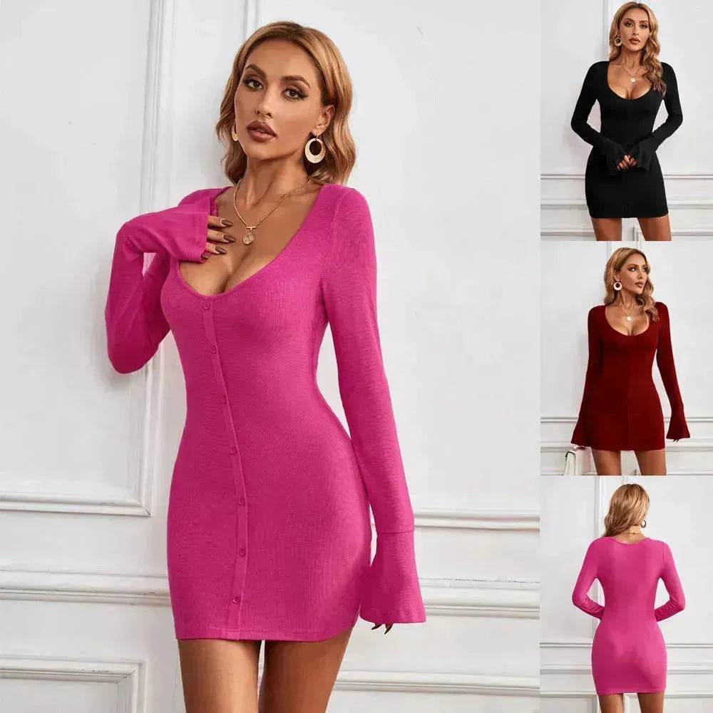 Chic Ladies Bodycon U-neck Long-sleeved Dress Charming Slim Hip-hugging Short Mini Dresses for Women - EX-STOCK Canada