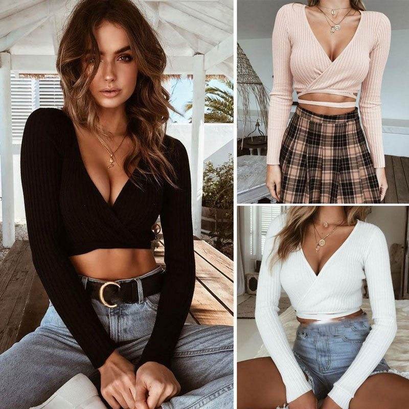 Sexy Women Ladies Summer Slim Crop Tops Long Sleeve T Shirt Casual Solid V Neck Knitted Short Tops - EX-STOCK Canada