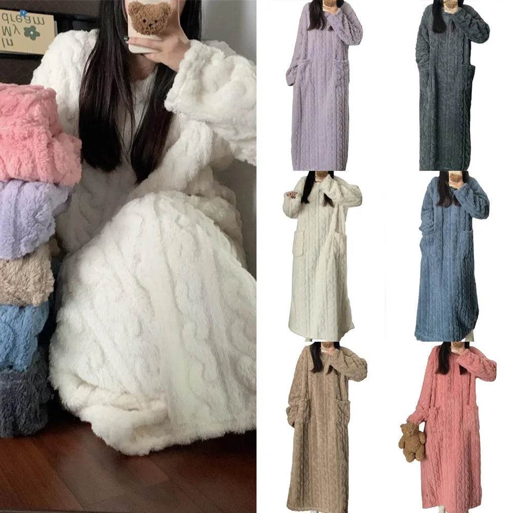 Winter Coral Fleece Sleepwear Women's Nightgown Long Night Dress Pajamas With Pockets Thickened Jacquard Dress Warm Home Clothes - EX-STOCK Canada