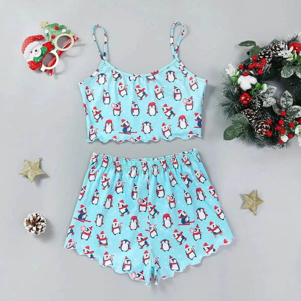 Christmas European And American Thin Pajamas Women's Sleeveless Shorts Milk Silk Simple Casual Two-piece Suit Homewear - EX-STOCK Canada