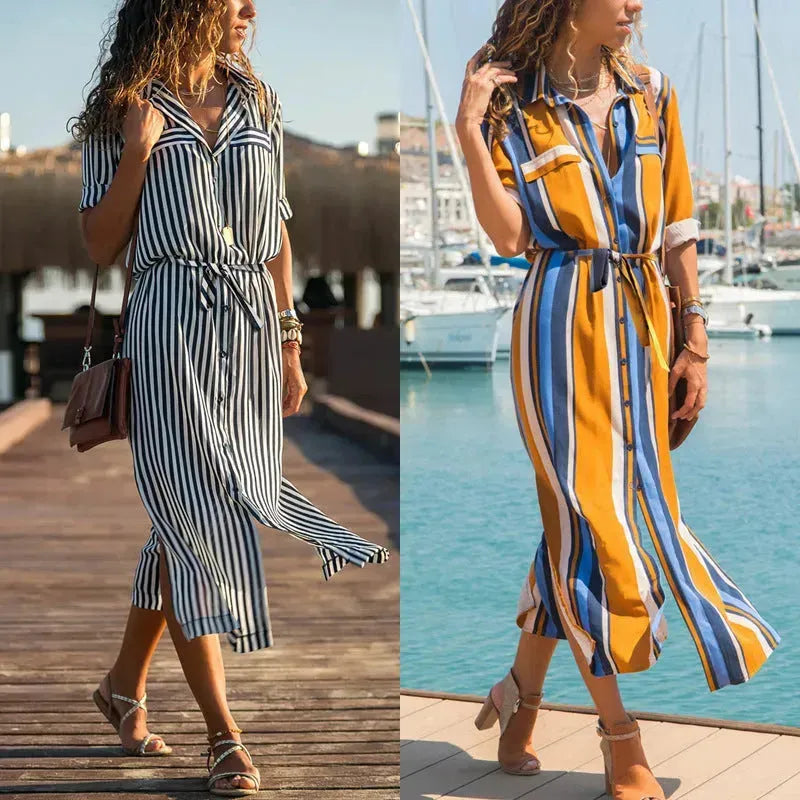 Stripe Shirt Women's Dress Spring Summer Chiffon V-neck Sexy Maxi Dresses Sexy Elegant Casual Girl Lace Women Long Sleeve - EX-STOCK CANADA