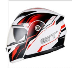 White motorcycle helmet with black and red design on a white background