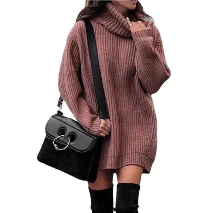 Autumn Winter Solid Cashmere oversized Knitted Mini Turtleneck Sweater Dress - EX-STOCK Canada
