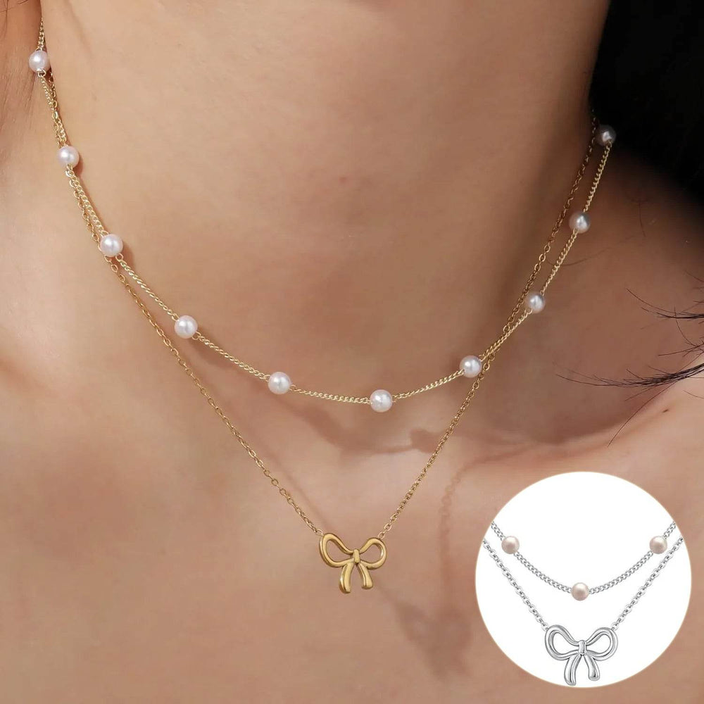 Simple Pearl Double Layer Choker Fashion Gold Color Necklaces Chain Small Bow Pendant Necklace Jewelry Gifts For Women Fashion Jewelry Valentine's Day Gifts - EX-STOCK Canada