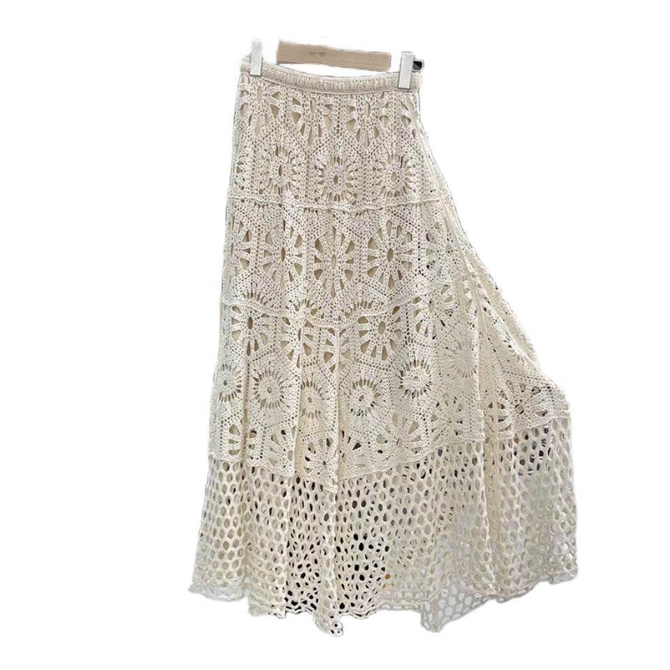 Spring Summer Crochet Lace Patchwork A- Line Beach Skirt Holiday Style Hollow-out flared flowy Maxi Skirt - EX-STOCK Canada