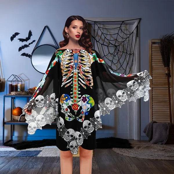 Halloween Skeleton Poncho, Lace Skeleton Halloween Costume Poncho Day Of The Dead Poncho For Women - EX-STOCK Canada