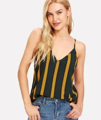 Casual Double V Neck Striped summer Top Spaghetti Strap Summer Multicolor Backless Tops - EX-STOCK CANADA