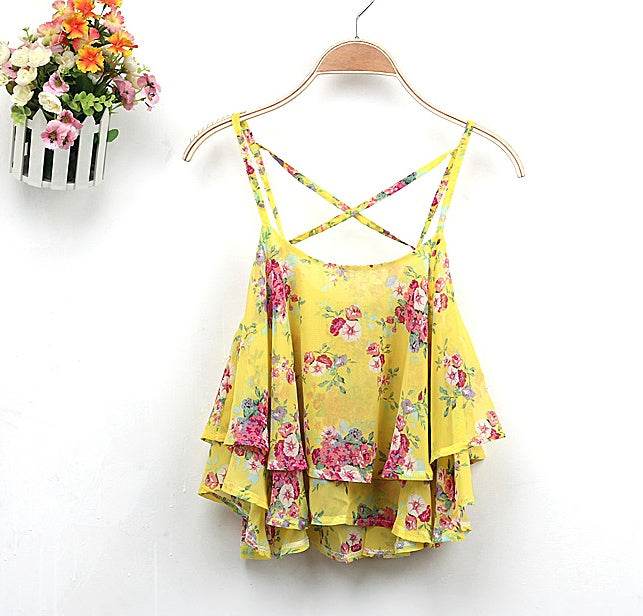 Women Summer Strap Floral Print Chiffon Blouse Tops Retro Floral Cross-Shoulder Shirts Sleeveless T - EX-STOCK Canada