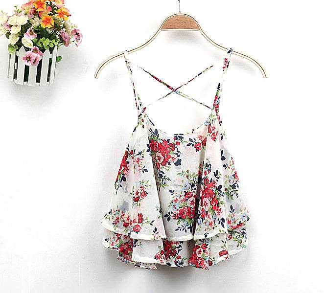 Women Summer Strap Floral Print Chiffon Blouse Tops Retro Floral Cross-Shoulder Shirts Sleeveless T - EX-STOCK Canada