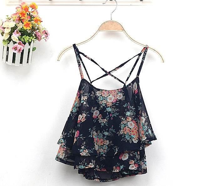 Women Summer Strap Floral Print Chiffon Blouse Tops Retro Floral Cross-Shoulder Shirts Sleeveless T - EX-STOCK Canada