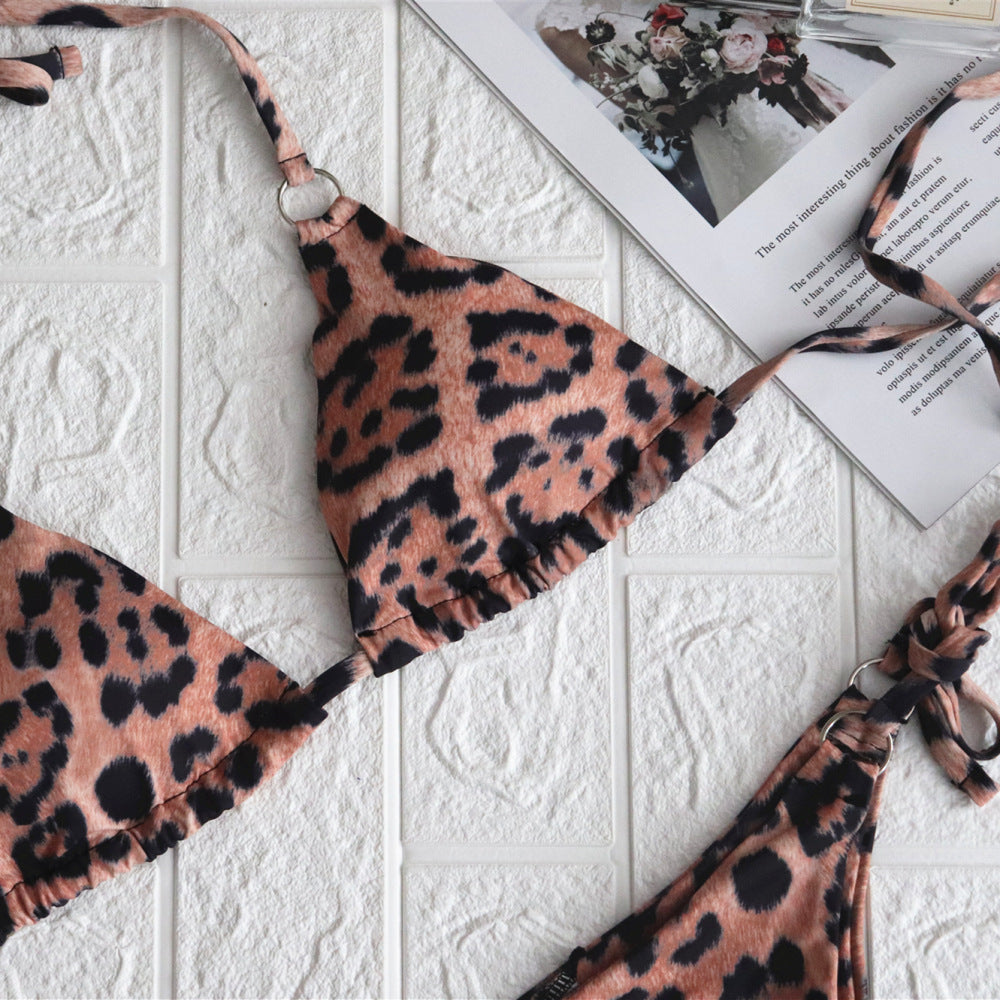 Women's Leopard Print Bikini with Metal O-Ring – Triangle Top High-Cut Two-Piece Swimsuit
