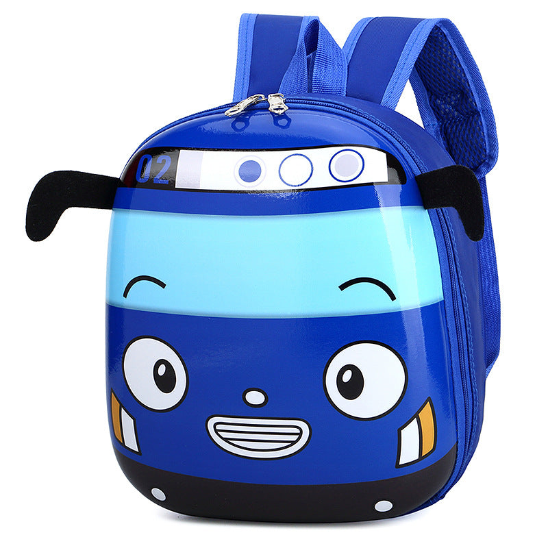 Blue children's backpack with a cartoon face design on a white background