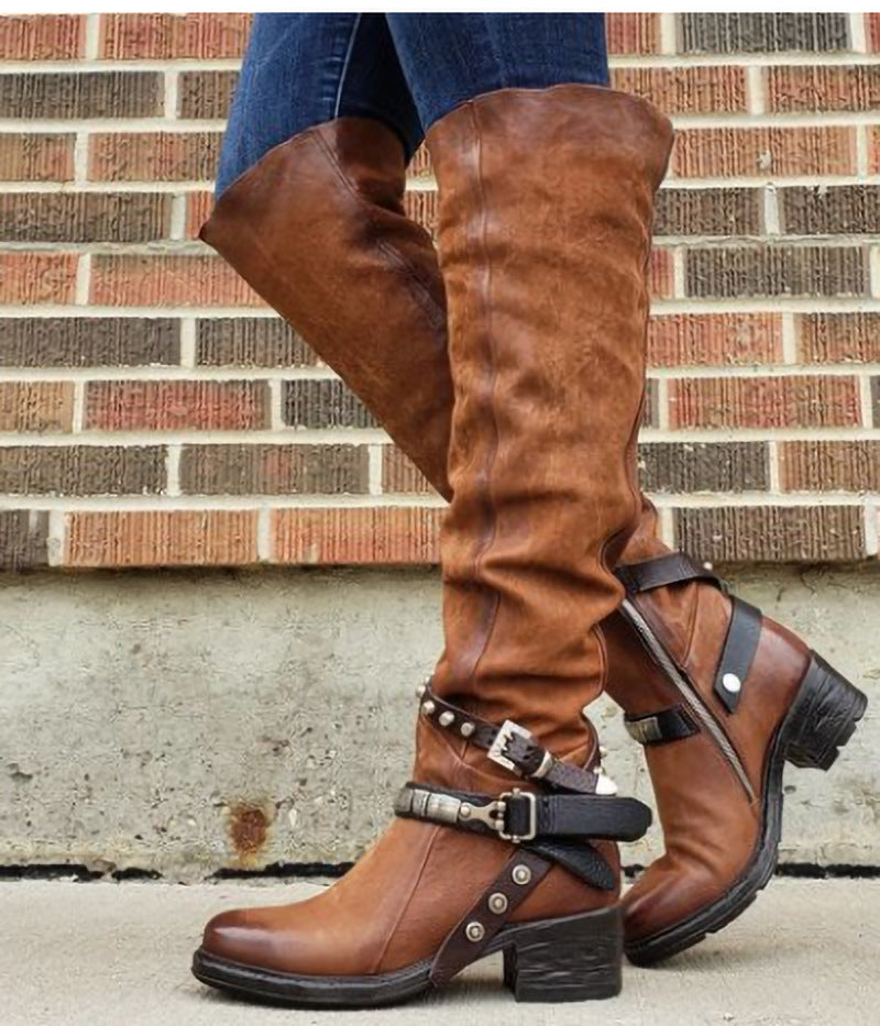 Women's Belt Buckle Over-The-Knee Boots | Block Heel Knight Boots Brown Black Wine Red