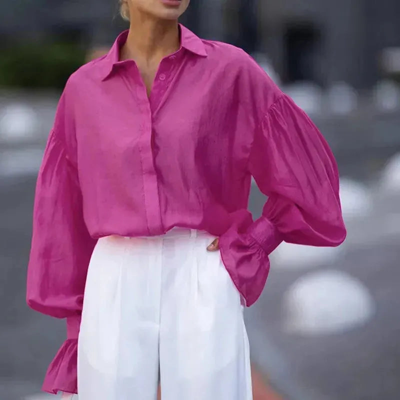 Loose Lapel Lantern Long Sleeves Blouse Shirt For Women - EX-STOCK CANADA
