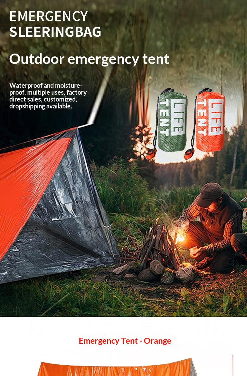 Emergency sleeting bag outdoor emergency tent in orange, shown with a camping scene of a person by a fire and two floating product views of the bag.