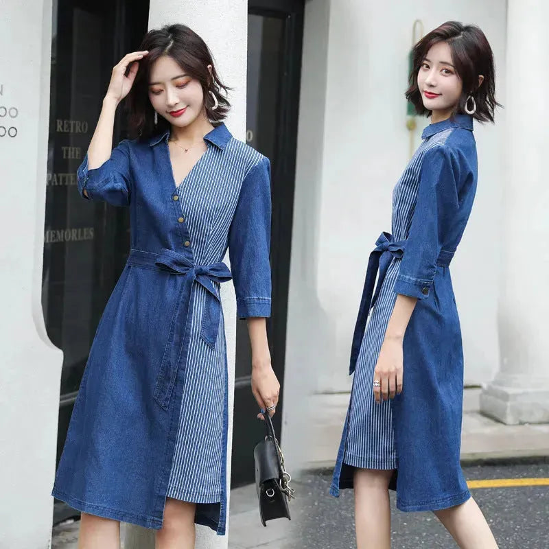 Casual Fashion Slim denim Wrap dress - EX-STOCK CANADA