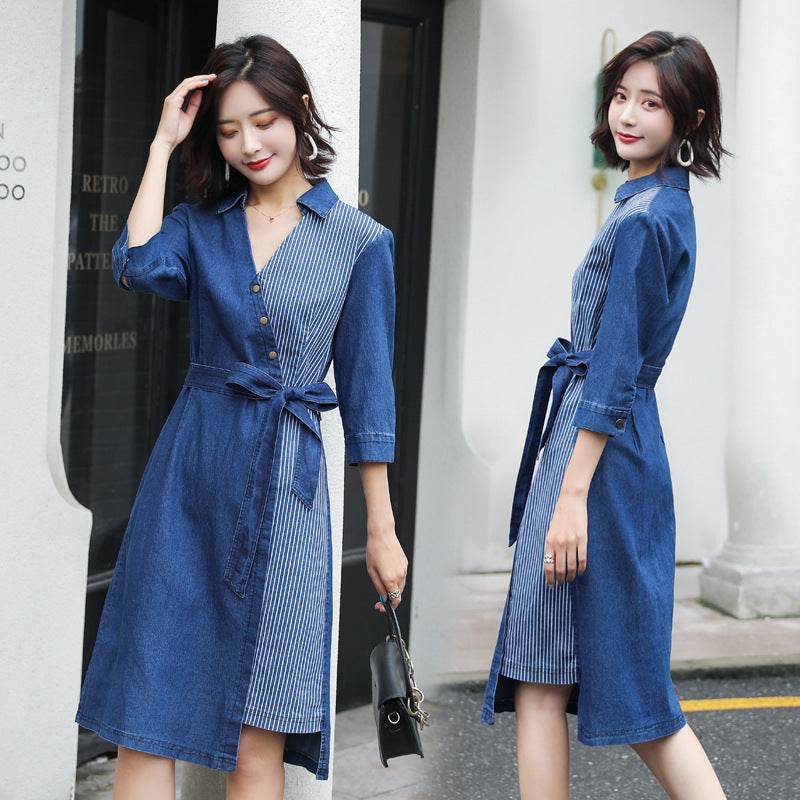 Casual Fashion Slim denim Wrap dress - EX-STOCK Canada