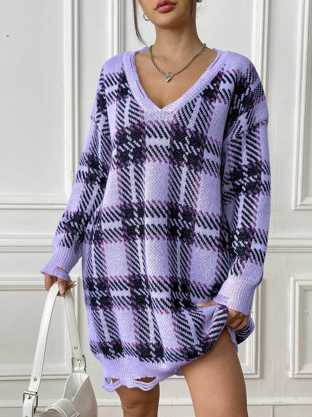 Deer Plush V-neck Long Sleeve Plaid Winter Jumper Mini dress - EX-STOCK Canada