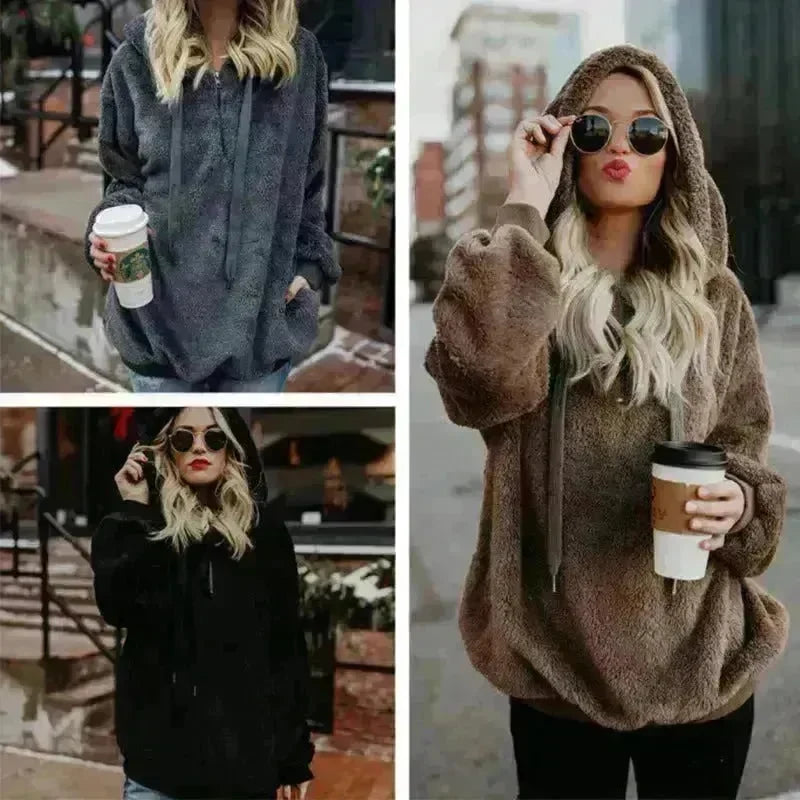 Women's Polerones Fleece Hoodie Pullover fall Winter Zipper Pocket Sweatshirt - EX-STOCK CANADA
