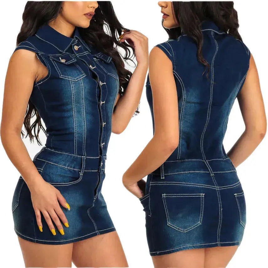 Chic Club Mini Jeans Dress Button down short sleeve Denim Hip dress - EX-STOCK CANADA