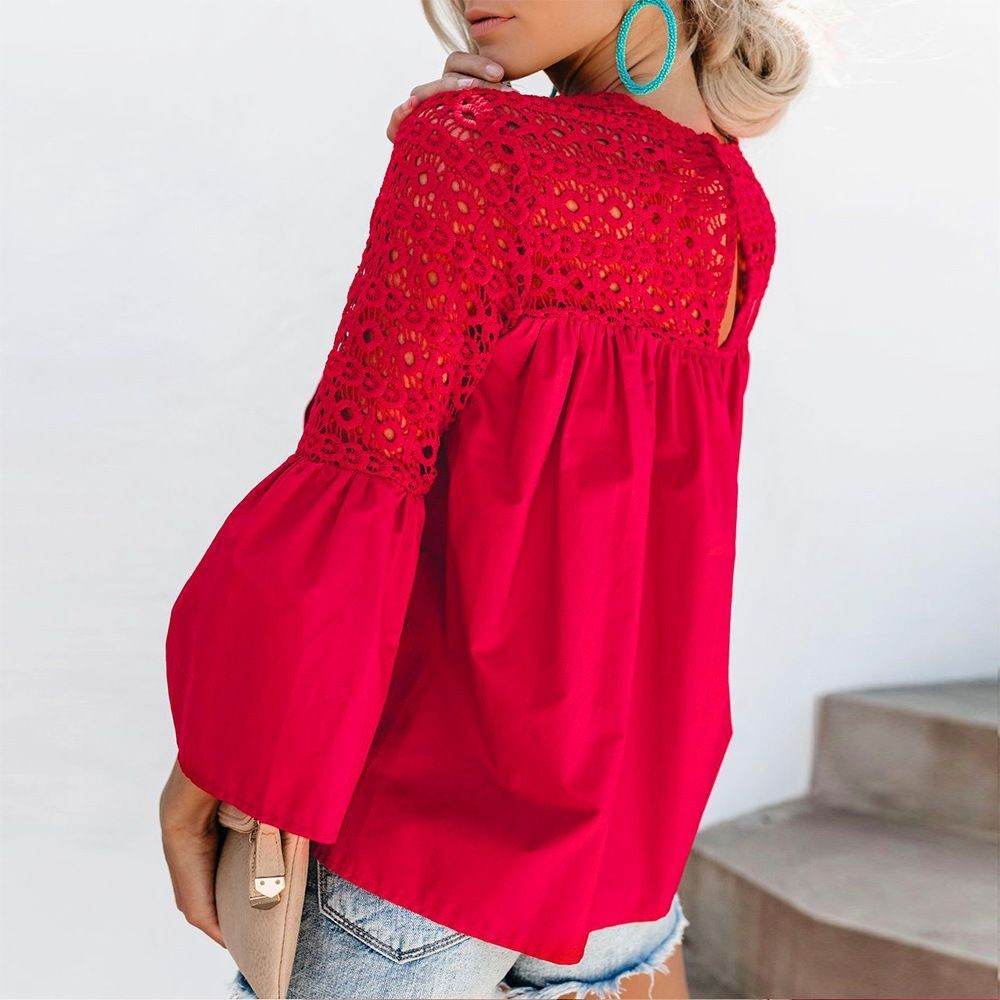 New fashion tops round neck women Ruffle Lace blouse Elegant Summer top - EX-STOCK Canada