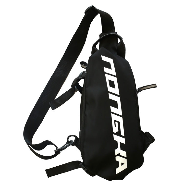 Black sling bag with white branding on a white background