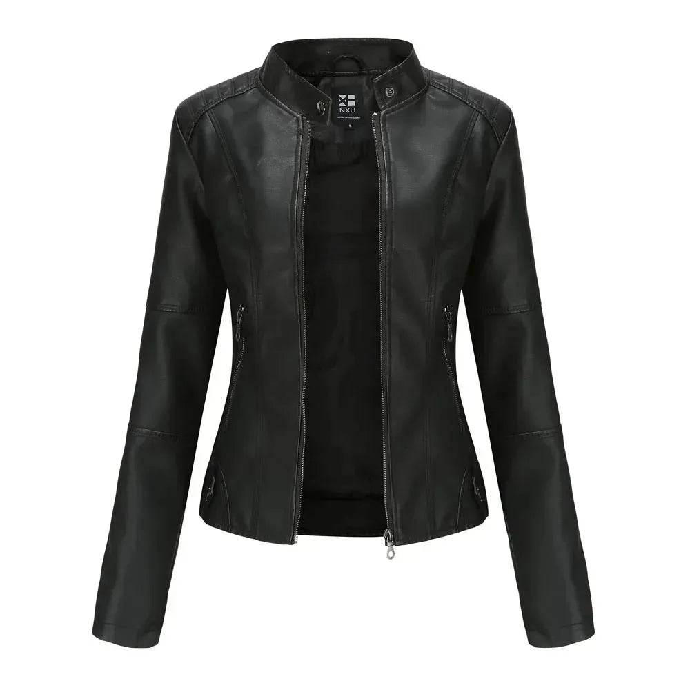 Fashioned European and American Slim fit stand collar Leather jacket for women - EX-STOCK Canada