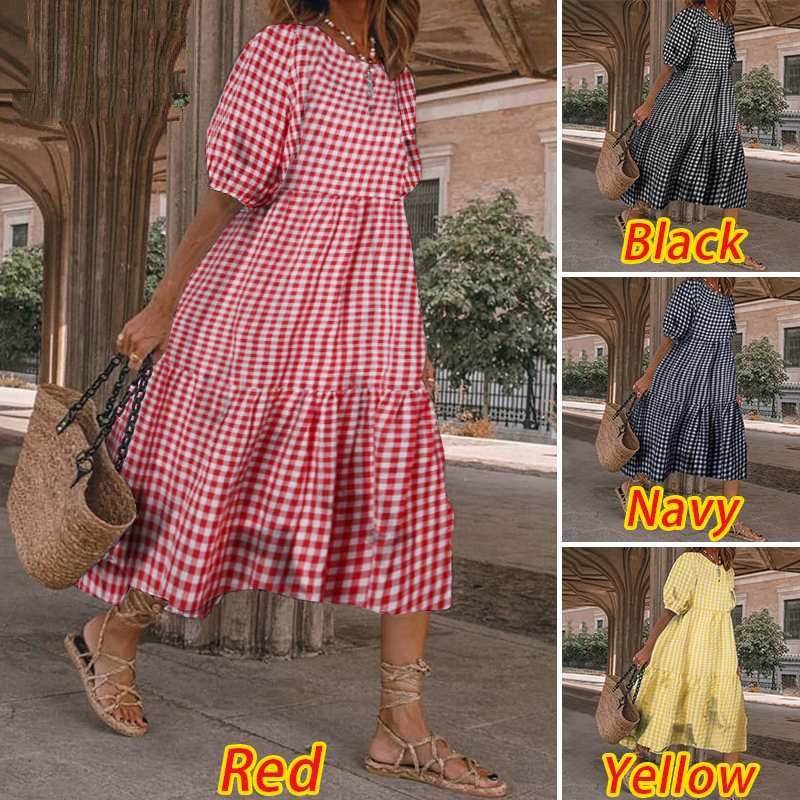 Casual Summer Midi dress puff sleeve flowy mum dress - EX-STOCK Canada
