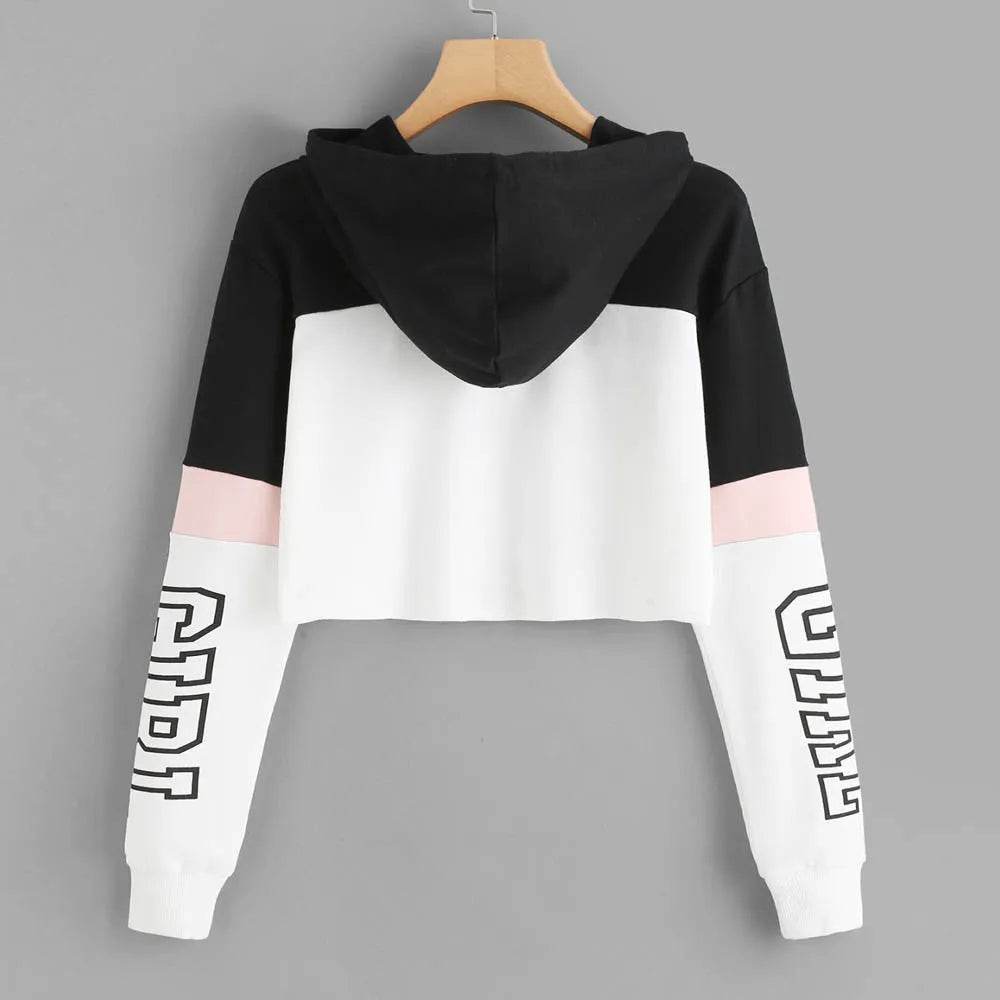 Girls Fashion Hoodie Crop Top Sweatshirt Pullover Women Patchwork - EX-STOCK Canada