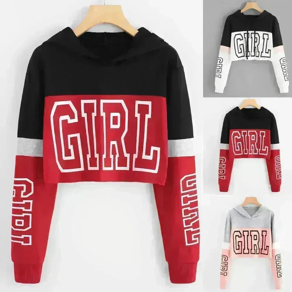 Girls Fashion Hoodie Crop Top Sweatshirt Pullover Women Patchwork - EX-STOCK CANADA