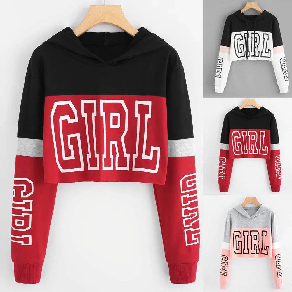 Girls Fashion Hoodie Crop Top Sweatshirt Pullover Women Patchwork - EX-STOCK Canada