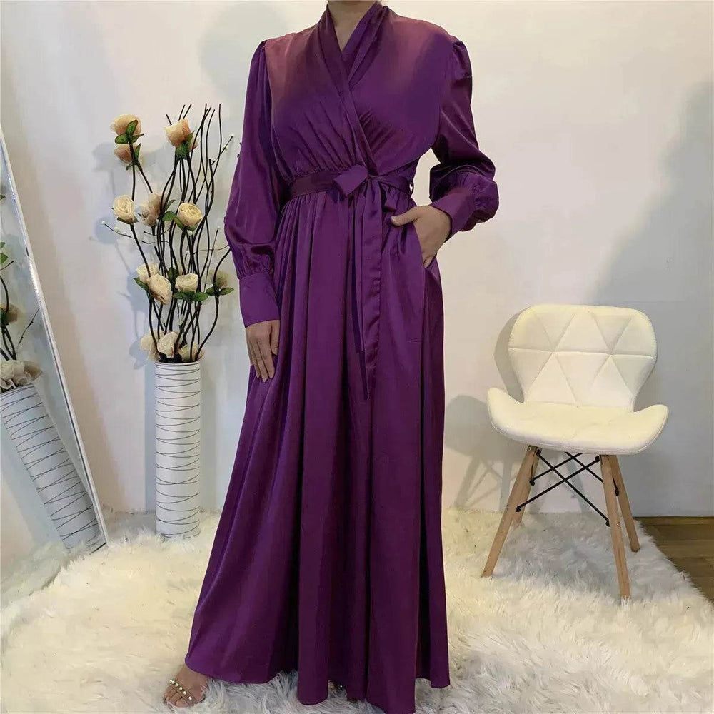 Elegant V-Neck Plain color Dubai Abaya Turkey Satin Abaya for ArabWomen Middle East dress for Women - EX-STOCK Canada