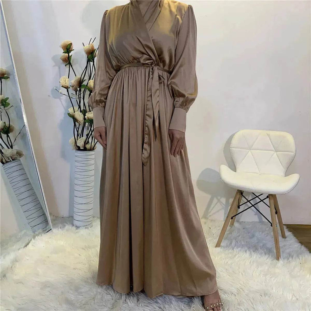 Elegant V-Neck Plain color Dubai Abaya Turkey Satin Abaya for ArabWomen Middle East dress for Women - EX-STOCK Canada