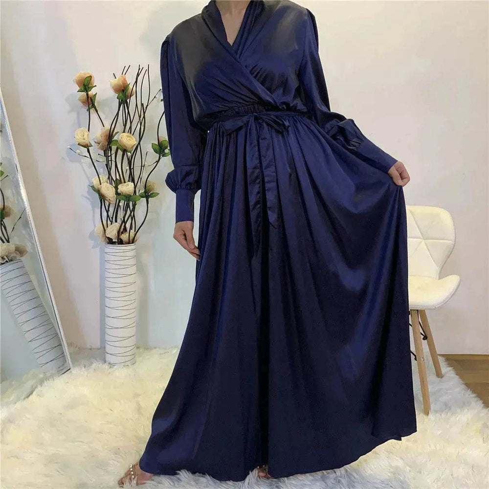 Elegant V-Neck Plain color Dubai Abaya Turkey Satin Abaya for ArabWomen Middle East dress for Women - EX-STOCK Canada