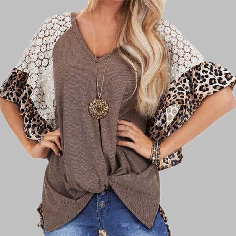 Leopard Patchwork Women Loose V-neck Tops Tee Batwing Sleeve Top Women Summer Short Sleeve - EX-STOCK Canada