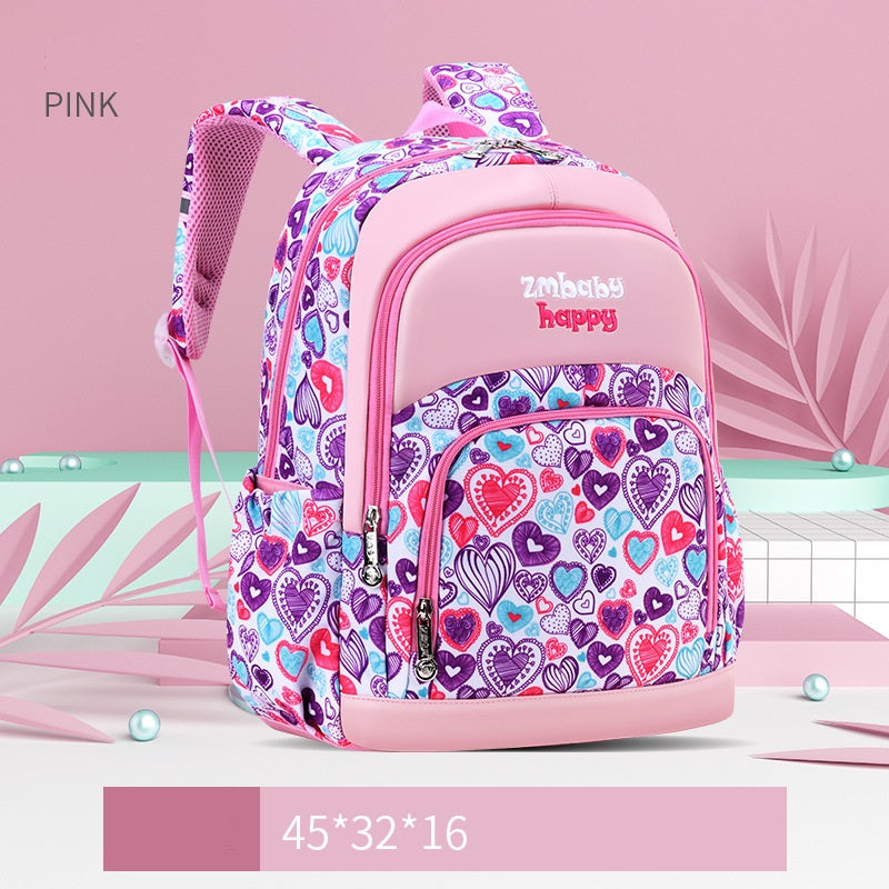 Pink backpack with heart pattern on a pink background