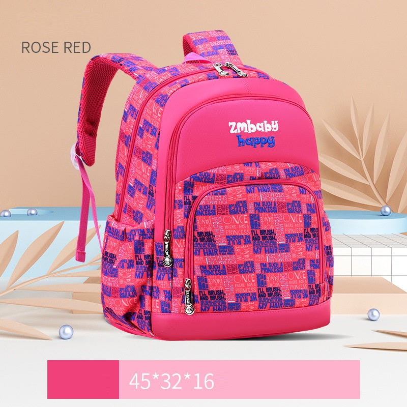 Pink and blue checkered backpack with 'zmbaby happy' branding on a beige background.
