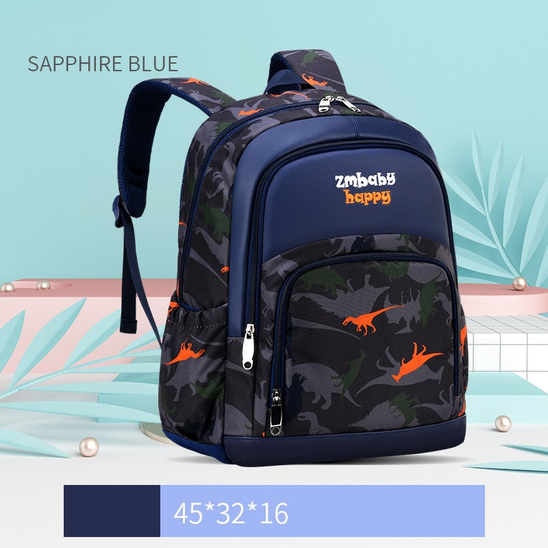 Backpack with dinosaur pattern on a light blue background