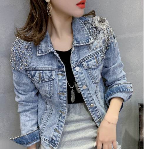 Europe Station New Shoulder Rivet Denim Jacket Women s Short Slim Jacket Three Dimensional Flower Top EX-STOCK Canada