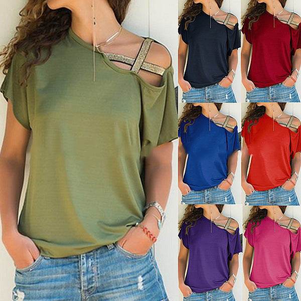 Women Skew Neck Summer Irregular Criss Cross Short Sleeves Sexy Off Shoulder Solid Tops Blusa Femme One Shoulder Blouse - EX-STOCK Canada