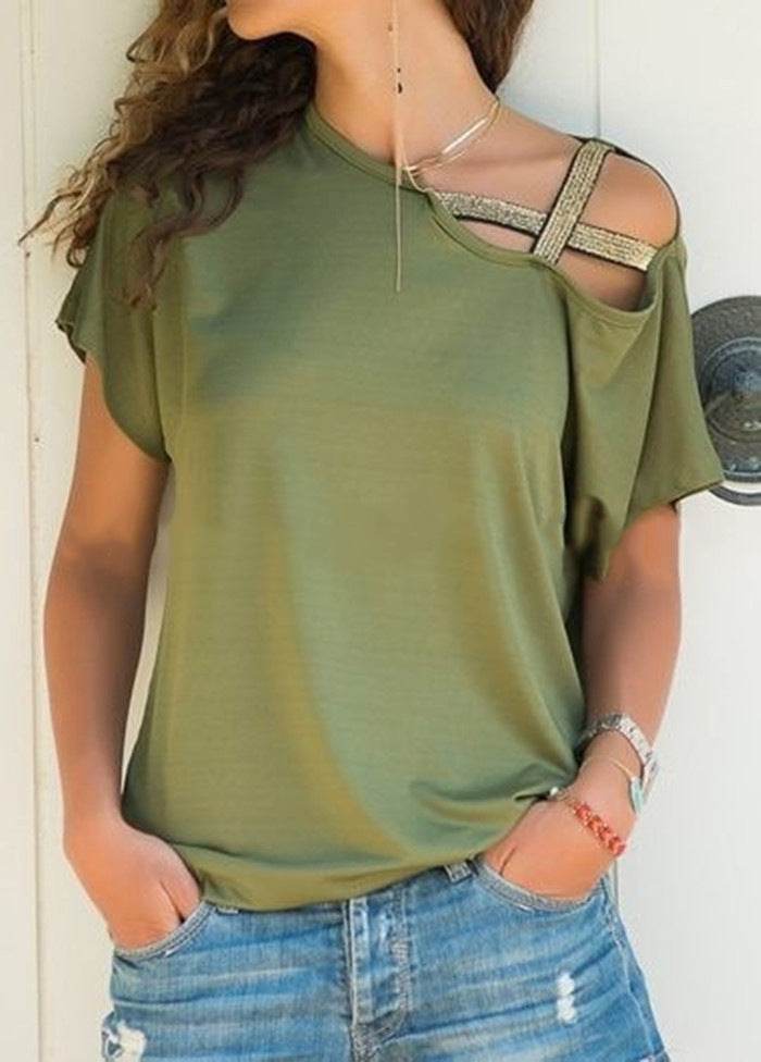Women Skew Neck Summer Irregular Criss Cross Short Sleeves Sexy Off Shoulder Solid Tops Blusa Femme One Shoulder Blouse - EX-STOCK Canada