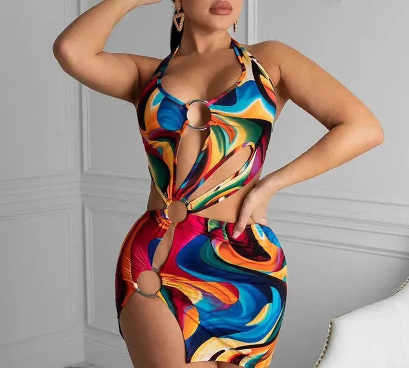 Adogirl Summer Hollow Out Halter Dress Sexy Backless Women Multicolor Evening Party Club Beach Wear Skinny Mini Dresses Vestido - EX-STOCK CANADA