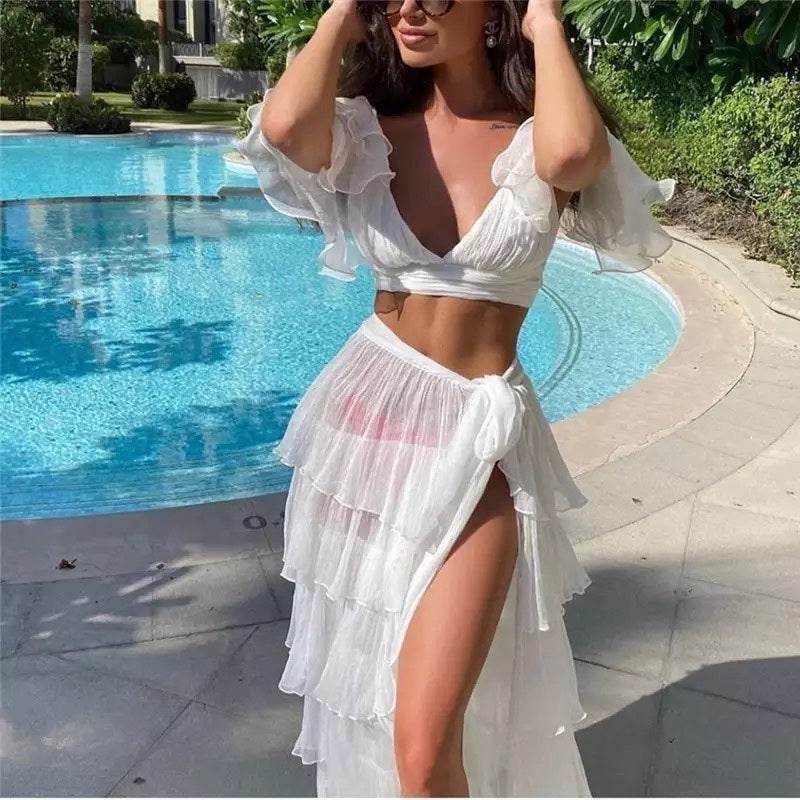 2pcs Summer White Vacation Resort Beach Outfit set summer fashion - EX-STOCK Canada